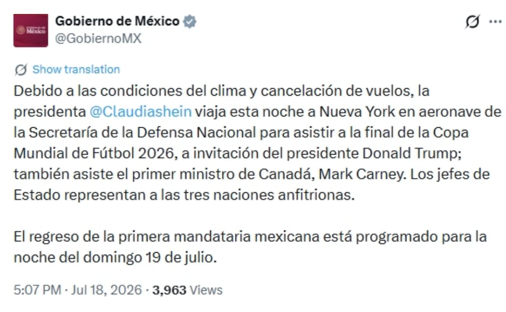 Claudia Sheinbaum viajará a Nueva York en avión de la Defensa.
Foto: Especial.