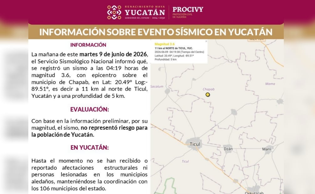 Nuevo sismo sacude Ticul, Yucatán, durante la madrugada; no reportan daños ni lesionados.
Foto: Especial.
