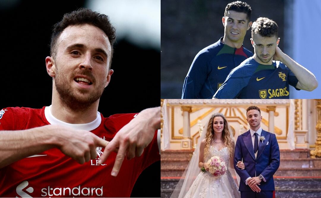 Diogo Jota con la Selección de Portugal, junto con Cristiano Ronaldo, y en su boda con Rute Cardoso - Fotos: AFP/ @rutecfcardoso14 en Instagram