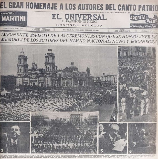 Cobertura de EL UNIVERSAL del magno evento por el Himno Nacional en el Zócalo Capitalino, 1942. Foto: Hemeroteca EL UNIVERSAL.