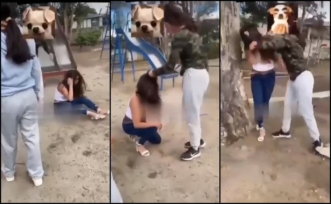 Momento en que 3 estudiantes de secundaria golpean a otra. Foto: captura de pantalla