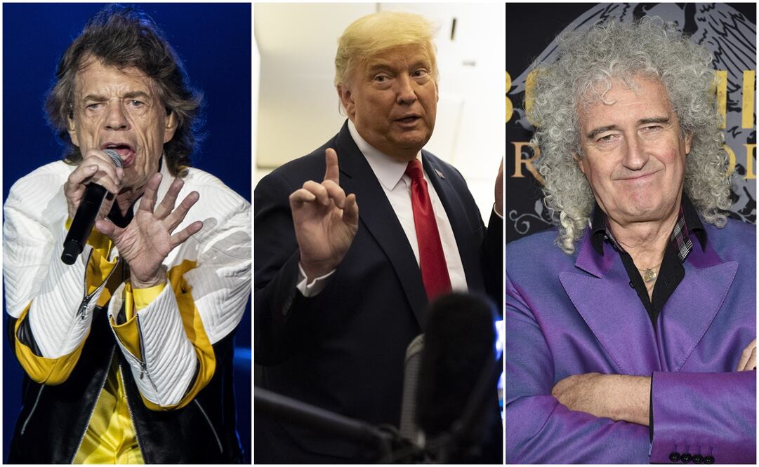 Mick Jagger, Donald Trump y Brian May. Fotos. AP