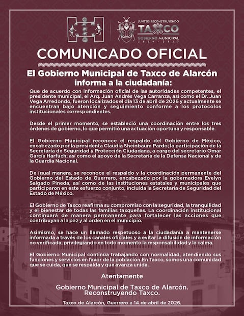 Comunicado oficial del Gobierno de Taxco. Foto: Especial
