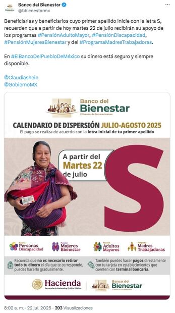 Pensión del Bienestar 2025: ¿quiénes reciben depósito de 6 mil 200 pesos?; esto se sabe. Fuente: Banco del Bienestar