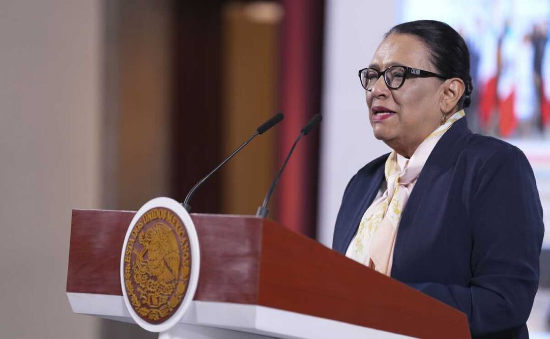 Rosa Icela Rodríguez, titular de la Segob, durante la mañanera del 8 de abril en Palacio Nacional. Foto: Presidencia