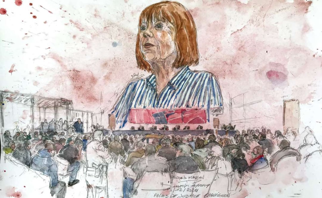 Este boceto judicial realizado el 19 de diciembre de 2024 en Aviñón muestra a Gisele Pelicot durante la audiencia del veredicto del tribunal que condenó a su exmarido a la pena máxima de 20 años de cárcel por cometer y orquestar sus violaciones masivas con decenas de desconocidos. reclutado en línea. En el juicio por violación de Mazan, el tribunal penal de Vaucluse juzgó, declaró culpables y condenó a 51 hombres. Pero ¿cuántos otros también han violado a Gisèle Pelicot sin ser identificados, por falta de imágenes o salvados por fotos demasiado borrosas? Foto: AFP