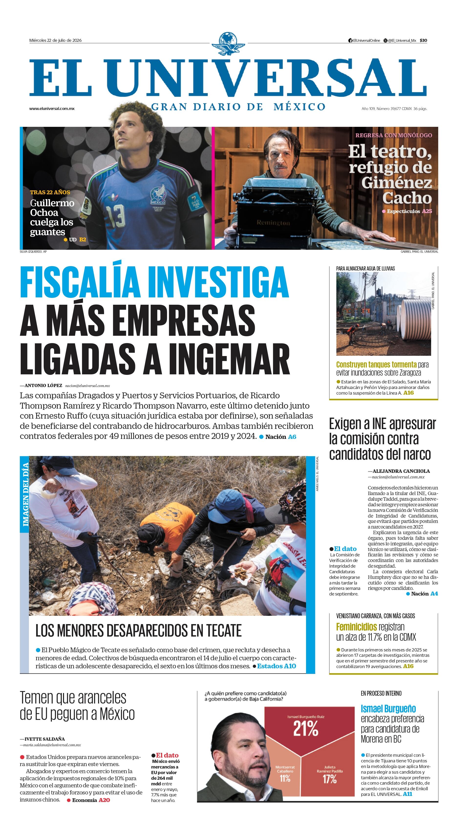 Portada impresa 22 de julio de 2026
