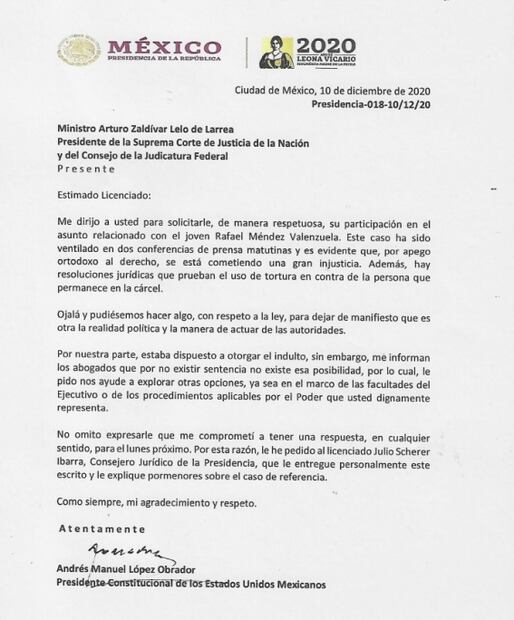 La carta que AMLO le envió al presidente de la SCJN para intervenir en caso de joven preso