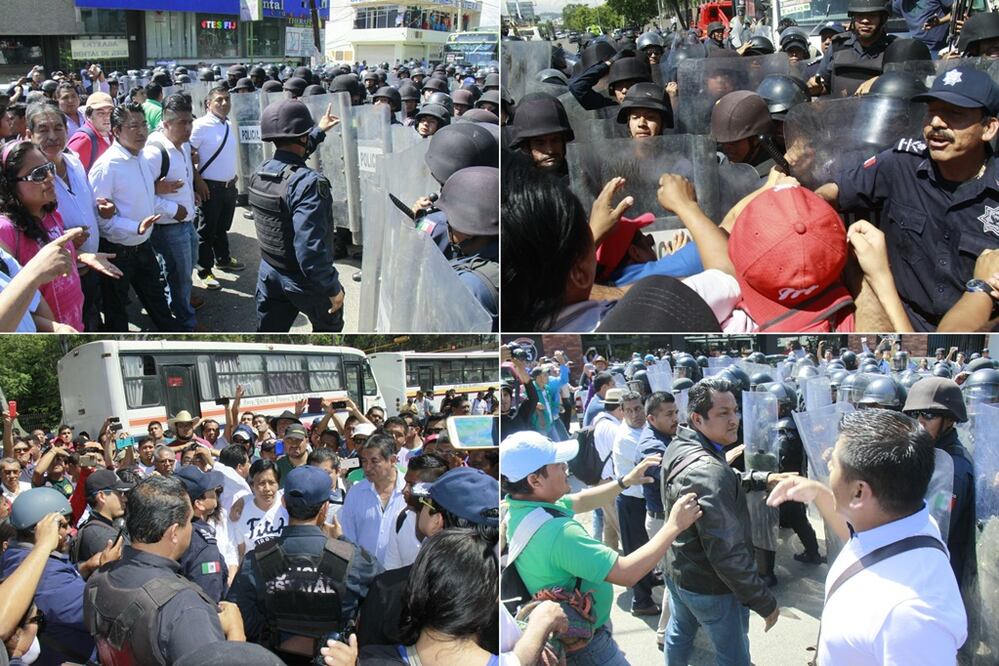 Policías antimotín intentaron retirar a los profesores que desde 10 de la mañana bloquean la carretera federal 190 (Fotos: Agencia Quadratín)