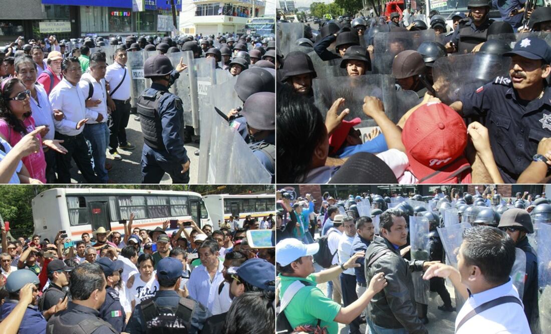 Policías antimotín intentaron retirar a los profesores que desde 10 de la mañana bloquean la carretera federal 190 (Fotos: Agencia Quadratín)