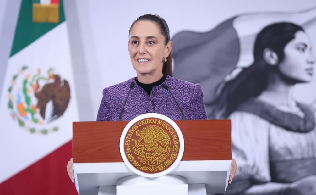 Presidenta Claudia Sheinbaum durante su conferencia de prensa matutina desde Palacio Nacional este miércoles 8 de abril de 2026. Foto: Luis Camacho/ EL UNIVERSAL