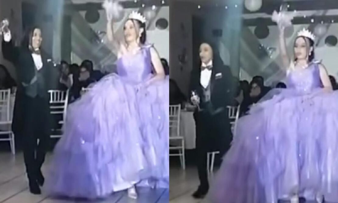Decidida a que su hija disfrutara sus XV años, una madre bailó como su chambelán, cuando los jóvenes que la acompañarían cancelaron. FOTO: CAPTURA
