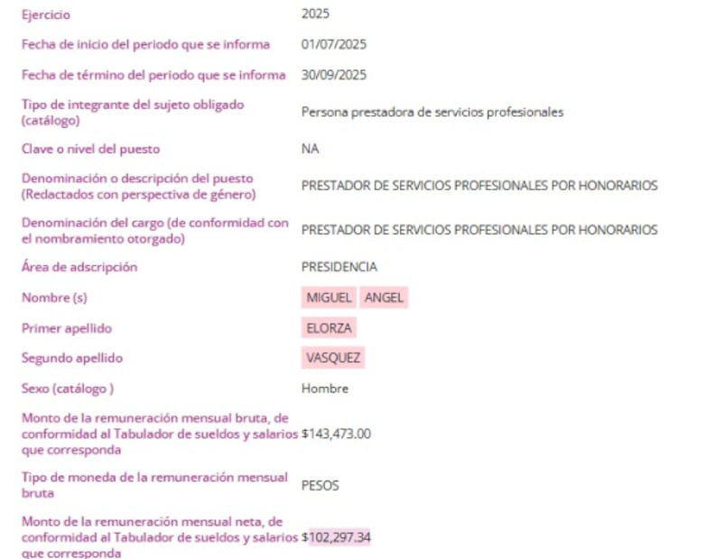 Sueldo de Miguel Ángel Elorza reistrado en la PNT. Foto; PNT.