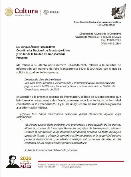 El INAH indica que la información solicitada forma parte de una investigación en curso y no se puede compartir.