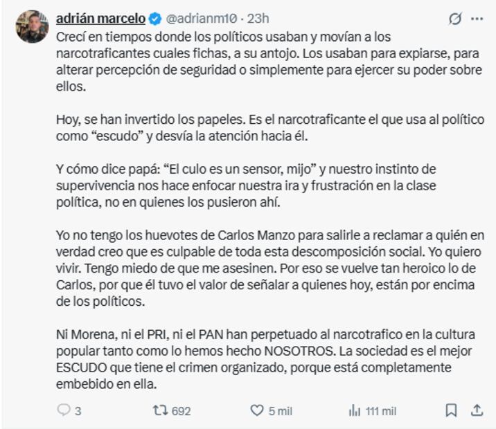 En redes sociales el comediante regiomontano manifestó su sentir frente a la violenta situación que atraviesa el país y lanzó una crítica a la sociedad mexicana. Foto: Captura de pantalla @adrianm10