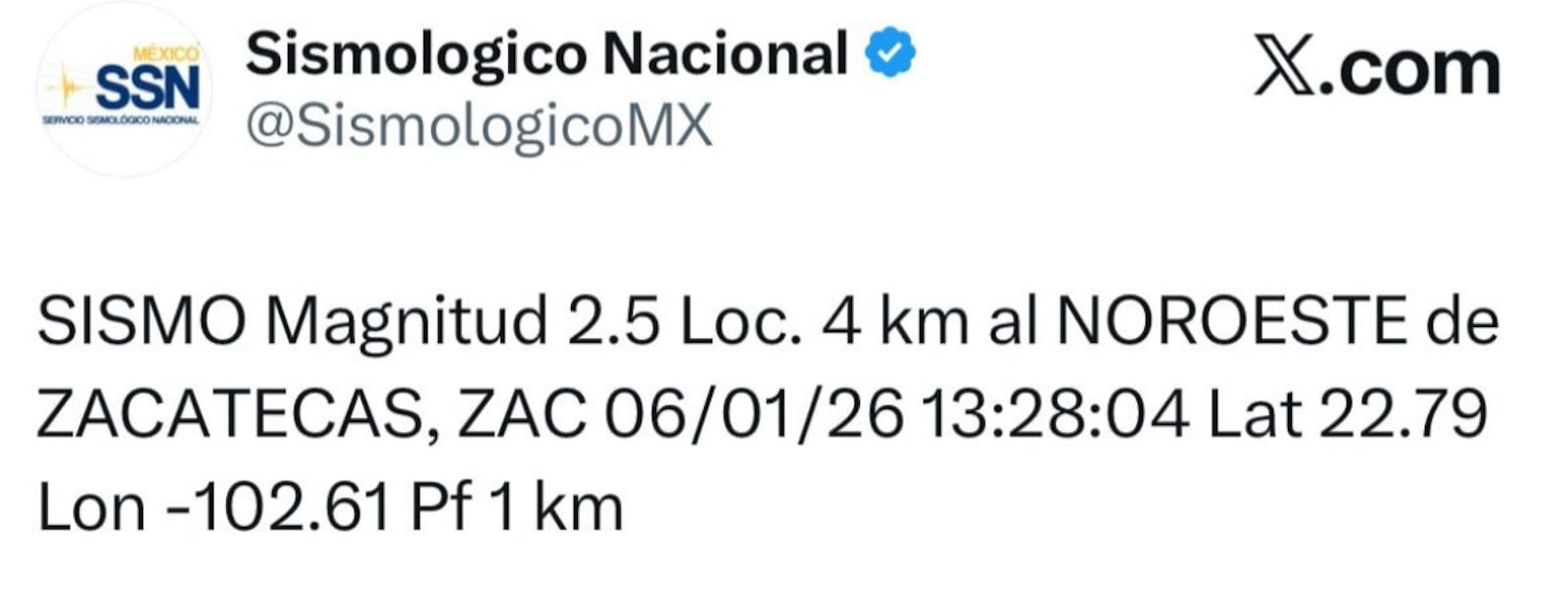 Reportan sismo de 2.5 en Zacatecas (06/01/2026). Foto: Especial
