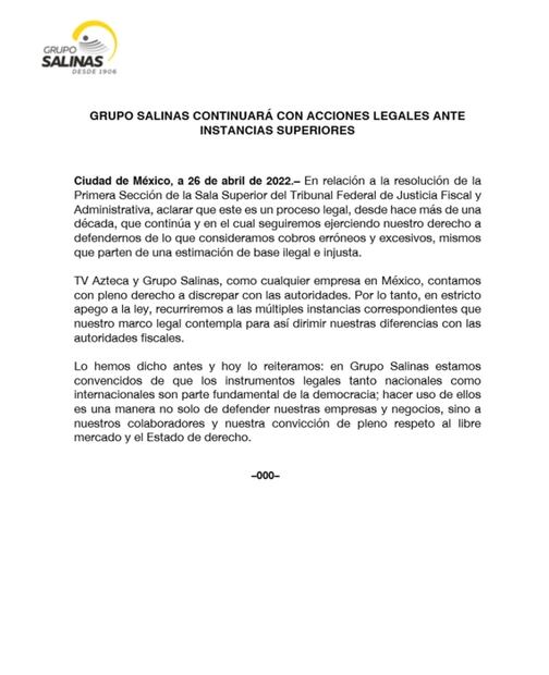 Tribunal ordena a Tv Azteca pagar más de 2 mil mdp al SAT; cobro es excesivo, dice Grupo Salinas
