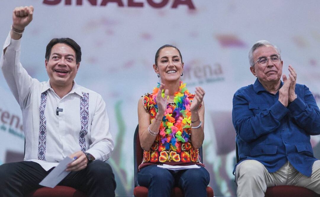 Claudia Sheinbaum acompañada de Mario Delgado y Rubén Rocha Moya en evento de campaña en Sinaloa. Foto: Twitter @Claudiashein