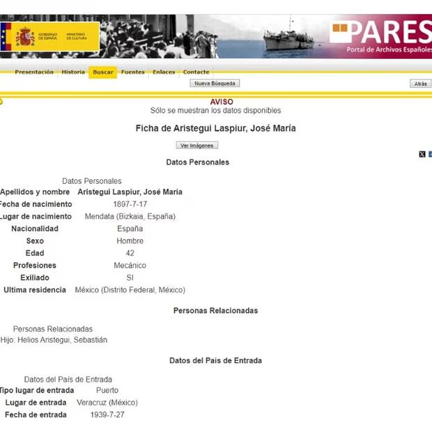 Según el portal oficial de Archivos Españoles, Helios Aristegui nació en España y emigró junto con sus padres en 1939 a los siete años de edad. Foto: PARES