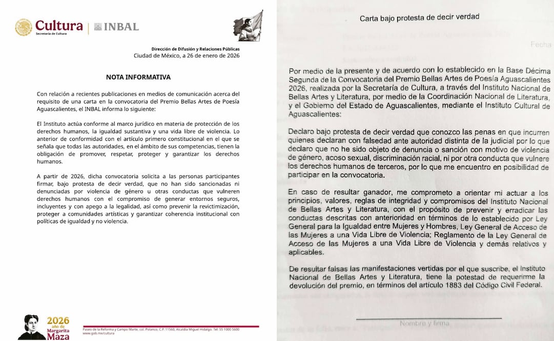 En una Tarjeta informativa, el INBAL explica que los requisitos buscan “garantizar coherencia institucional con políticas de igualdad y no violencia.”

“Carta bajo protesta de decir la verdad”y sus exigencias más polémicas. Fotos: Especial
