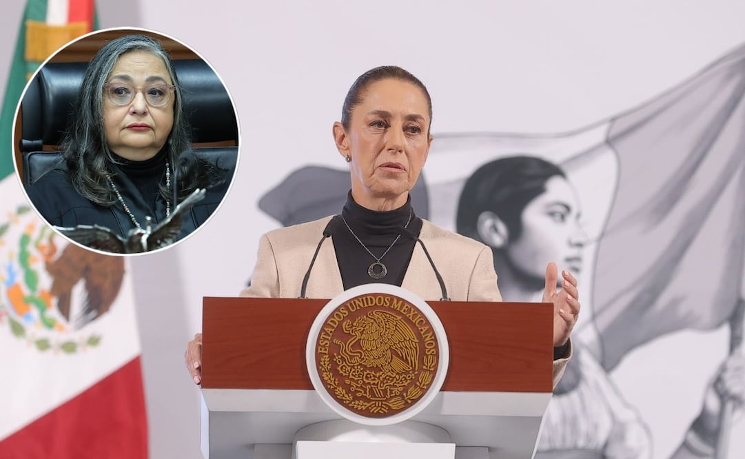 Claudia Sheinbaum, presidenta de México, durante la mañanera del 11 de marzo del 2025 en Palacio Nacional. En el círculo la presidenta de la SCJN, Norma Piña. Fotos: Gabriel Pano / EL UNIVERSAL y Especial
