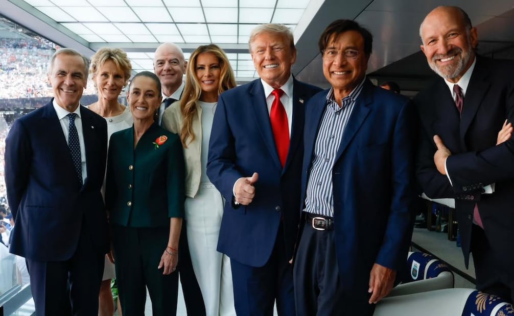 El presidente de EU, Donald Trump, la presidenta de México, Claudia Sheinbaum y el Primer Ministro de Canadá, Mark Carney durante el final del Mundial 2026 (19/07/2026). Foto: Especial