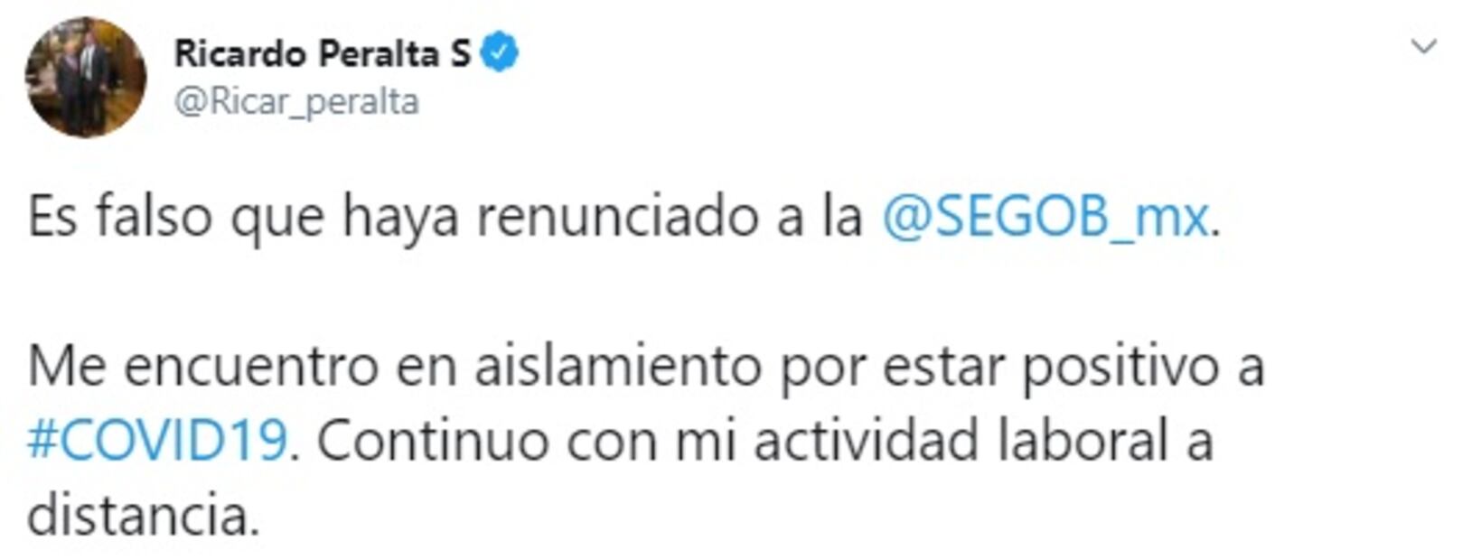 Ricardo Peralta desmiente renuncia a la Segob