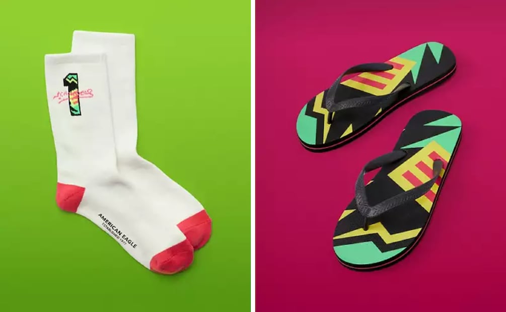 Calcetines y sandalias también forman parte de esta colaboración. Foto: American Eagle