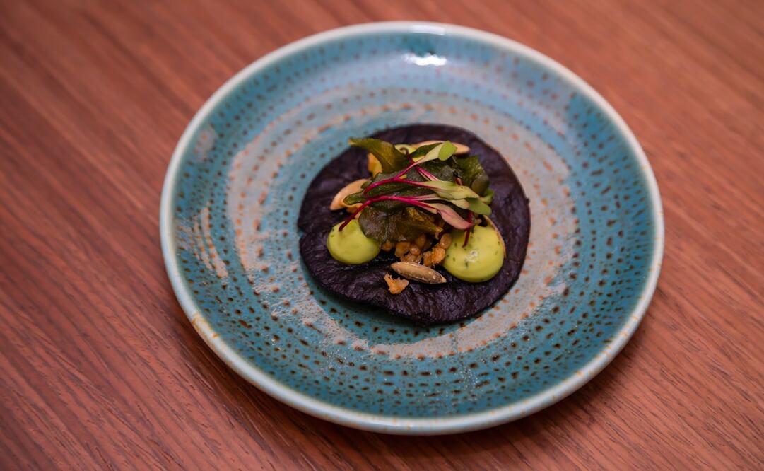 Tostada de escamoles con verdolagas y bombones de guacamole y pipián. Fotos: Cortesía