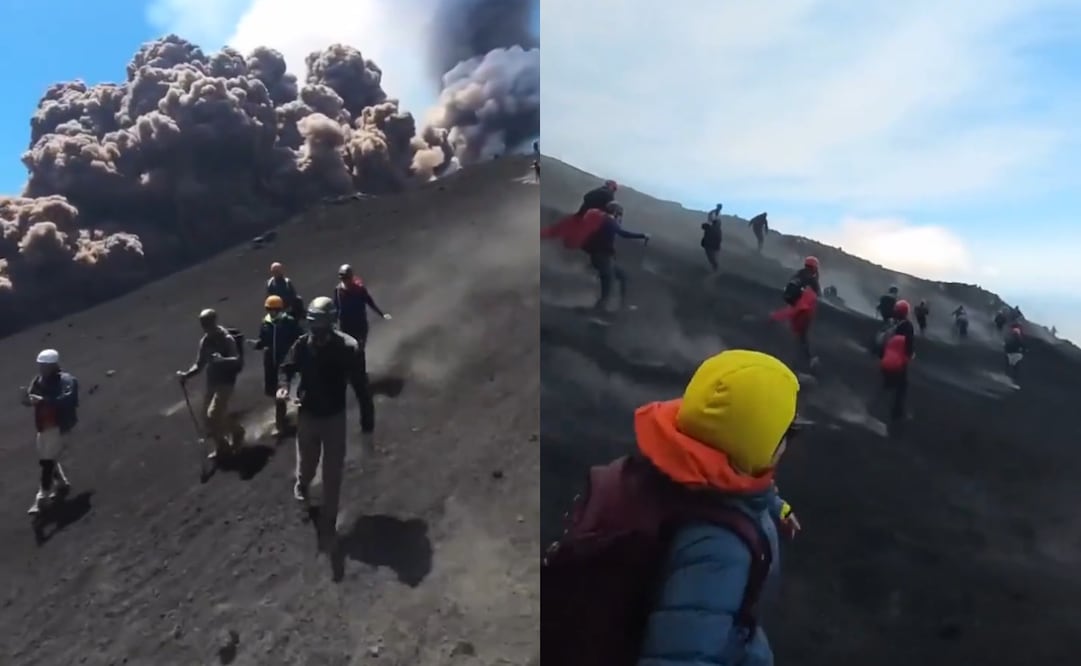 Escaladores huyen de expulsión de cenizas y gas del volcán Etna. Foto: Captura de pantalla