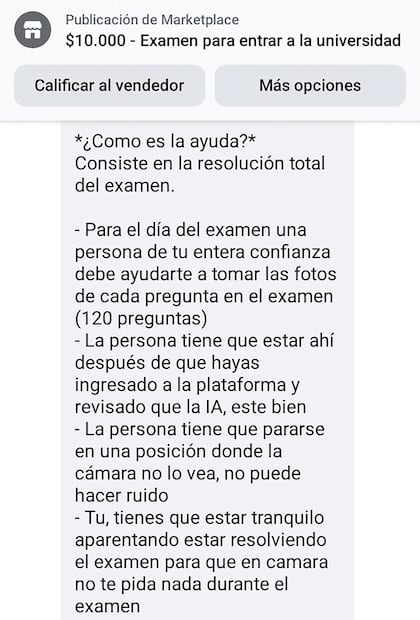 Los anuncios de ayuda para los exámenes son publicados en el sitio de Marketplace de Facebook.