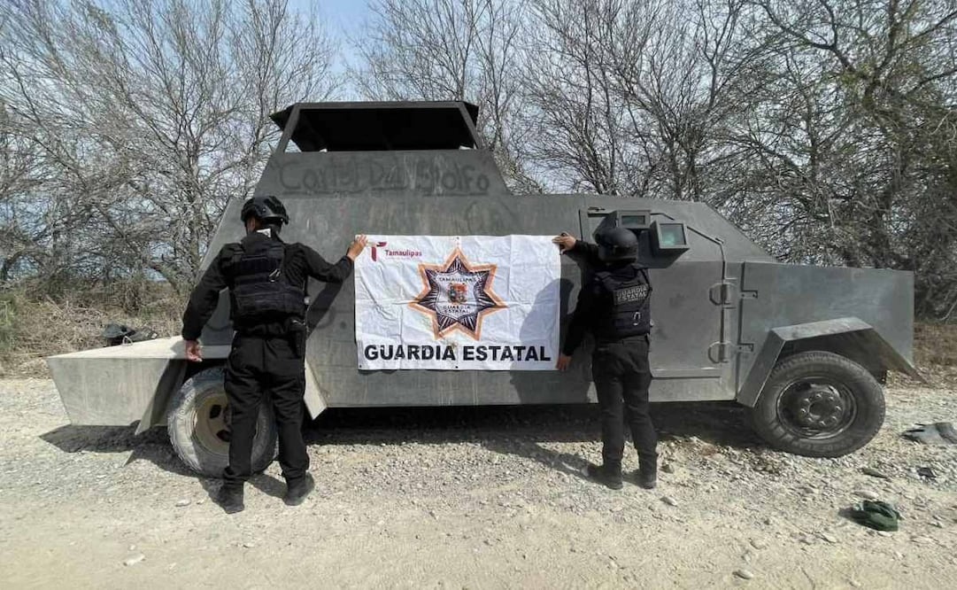 Guardia Estatal asegura dos vehículos “monstruos” en Tamaulipas e incauta armas, ponchallantas y camionetas (31/01/26). Foto: Especial