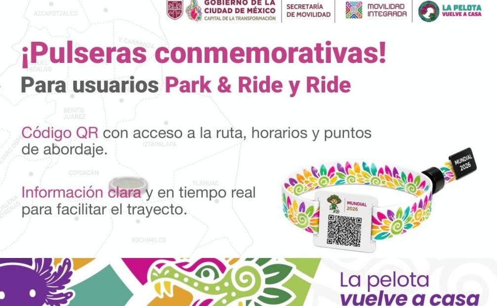 Los usuarios que utilicen el servicio de Park and Ride que ofrece el Gobierno de la CDMX tendrán pulseras conmemorativas con un QR que podrán escanear
Foto: Especial.