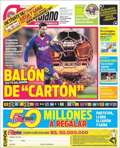Prensa internacional enaltece el sexto Balón de Oro de Messi