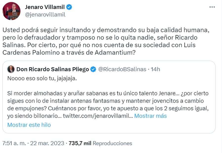 Polémica entre Ricardo Salinas Pliego y Jenaro Villamil en Twitter. Foto: captura de pantalla