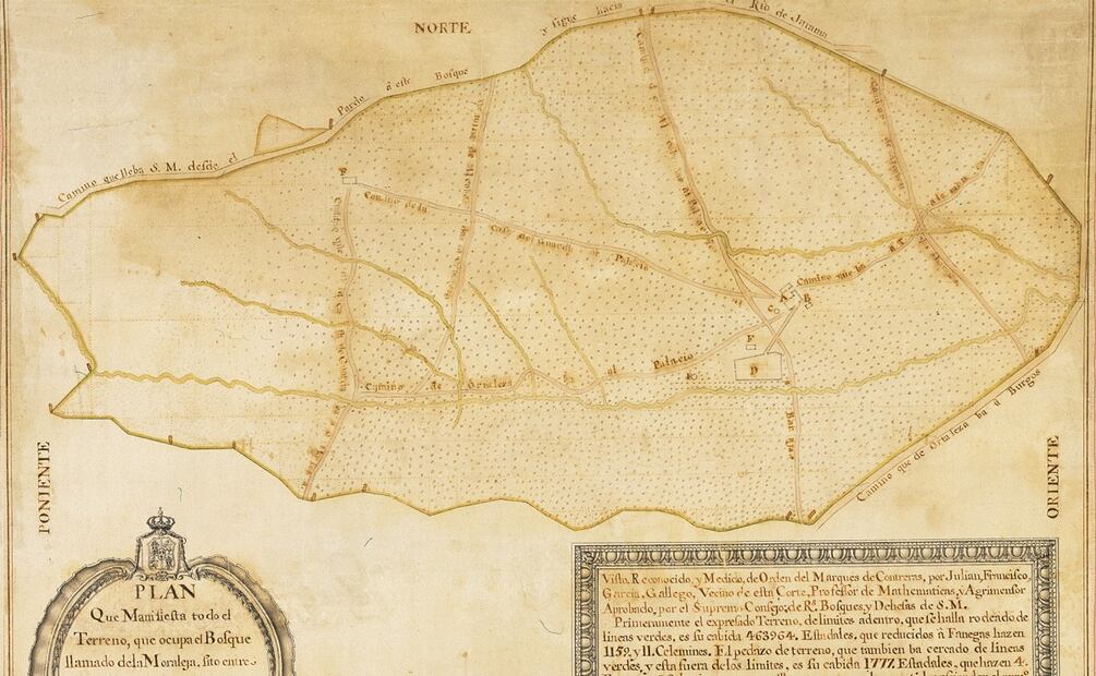Documentos históricos de los siglos XVIII y XIX que dejan ver un plano delimitando la extensión del predio nombrado "Bosque de La Moraleja" (16/08/2025). Foto: La Moraleja
