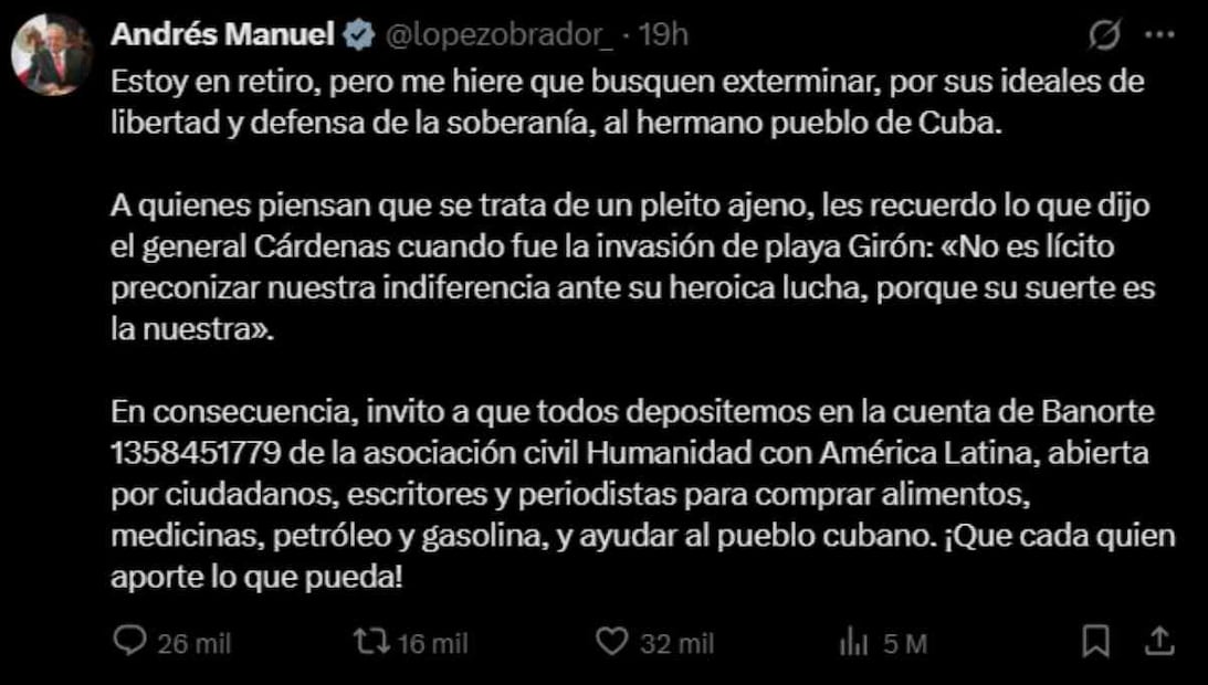 Mensaje del expresidente López Obrador sobre Cuba, en el que pide donaciones / Captura de pantalla