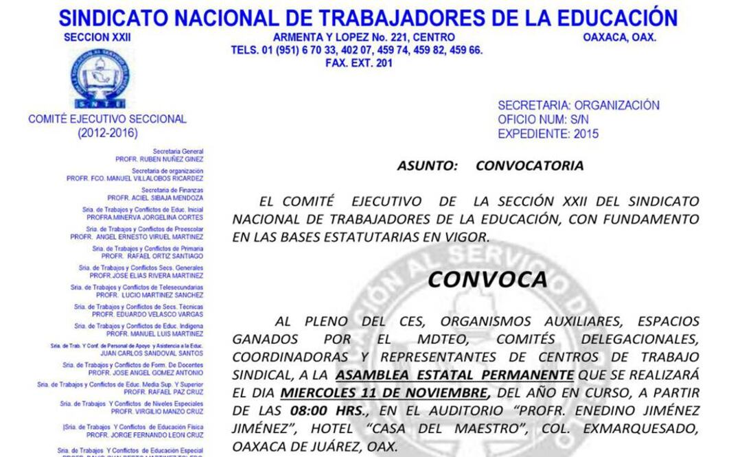 El Comité Ejecutivo Seccional emitió la convocatoria correspondiente para la Asamblea Estatal Permanente a efectuarse el próximo miércoles 11 de noviembre. (Foto: SNTE)
