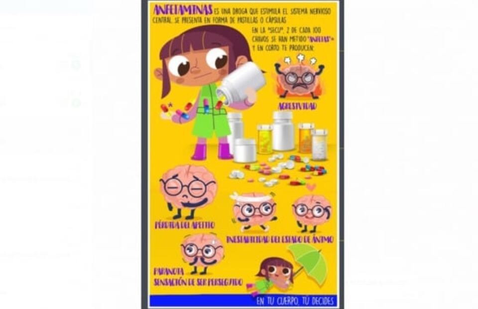 Estas son las imágenes de los folletos que alertan a niños sobre el consumo de drogas