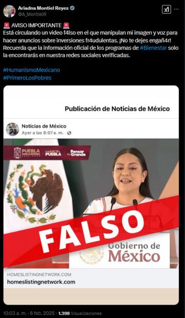 Ariadna Montiel, secretaria del Bienestar compartió un post en su cuenta de X este 6 de febrero del 2025. Foto: Captura de pantalla de la cuenta de X de @A_MontielR