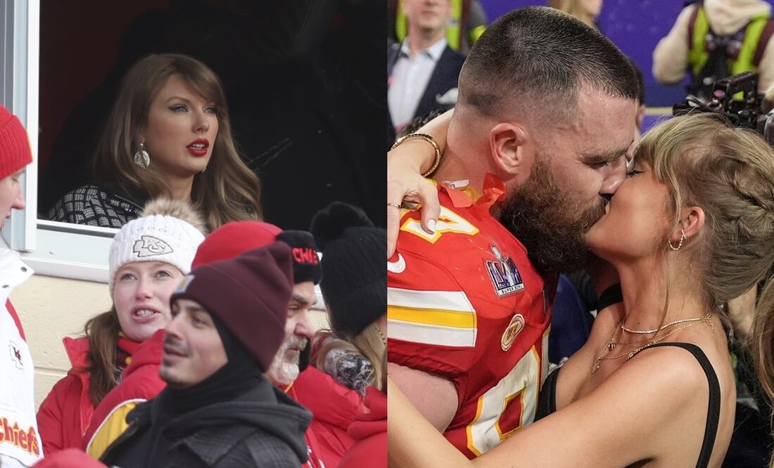 Taylor Swift en el Arrowhead Stadium, durante la Ronda Divisional de la NFL/ Travis Kelce y Taylor Swift en el del Super Bowl 58 - Fotos: AP