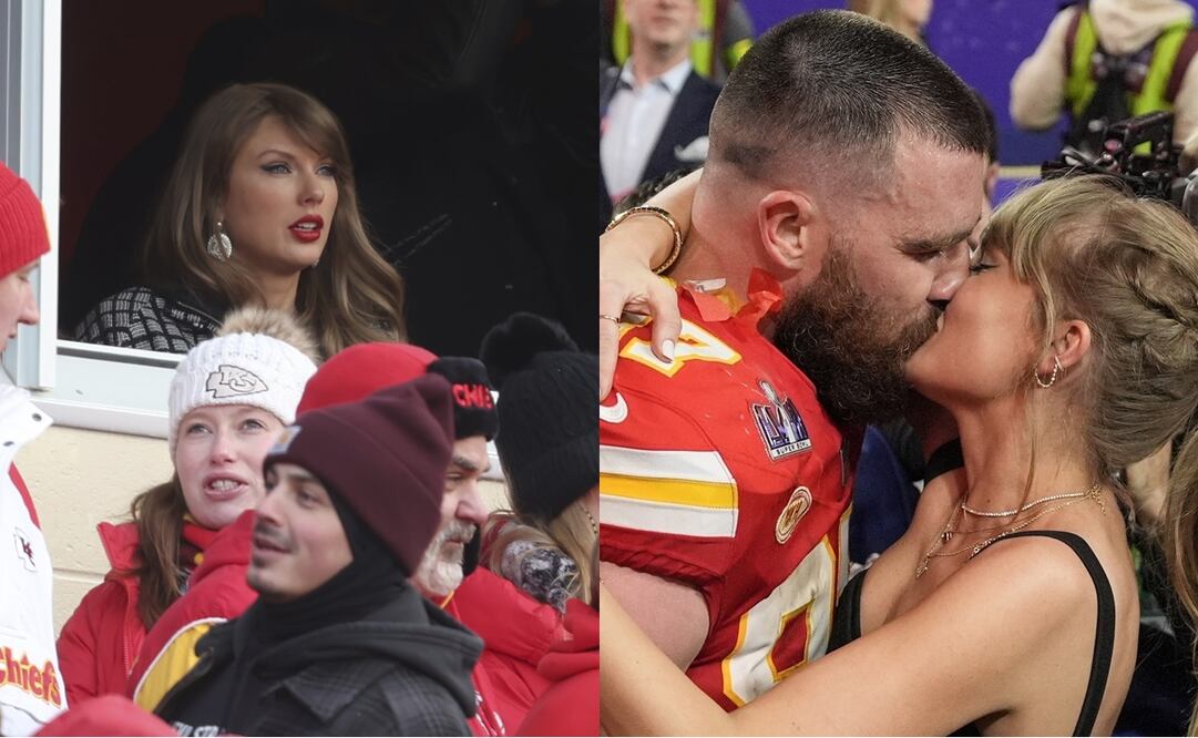 Taylor Swift en el Arrowhead Stadium, durante la Ronda Divisional de la NFL/ Travis Kelce y Taylor Swift en el del Super Bowl 58 - Fotos: AP