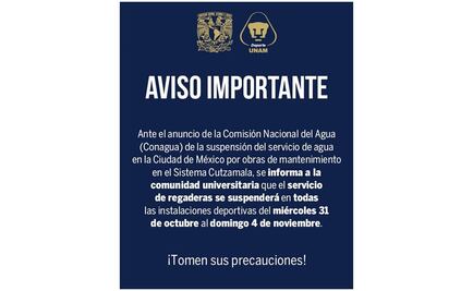 Deportes UNAM suspende servicio de regaderas por recorte de agua en CDMX 