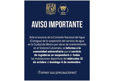 Deportes UNAM suspende servicio de regaderas por recorte de agua en CDMX