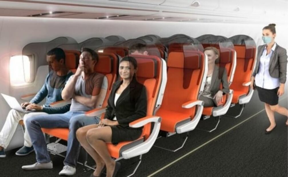 Diseñan asientos de avión para evitar contagios después de la pandemia