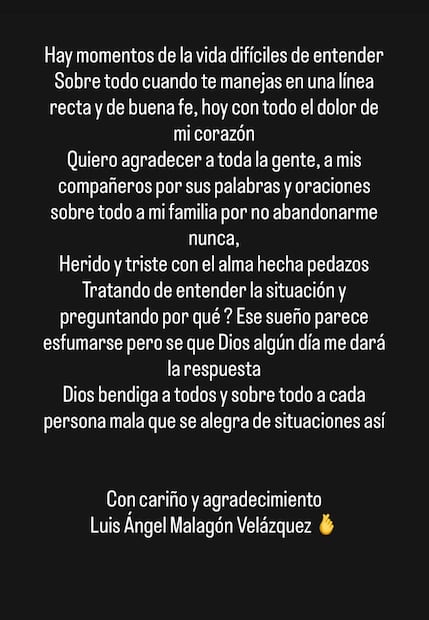 El mensaje de Luis Ángel Malagón en su cuenta de Instagram. FOTO: Captura de pantalla.