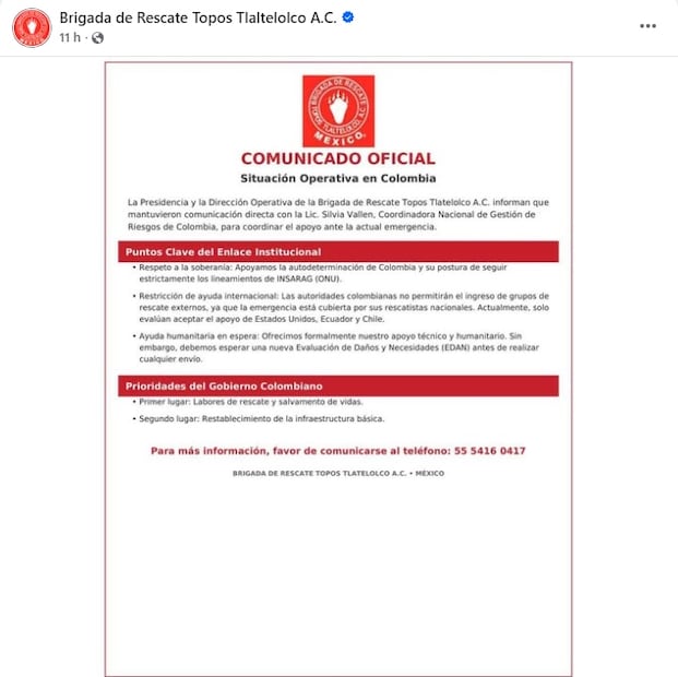Colombia frena ayuda de los Topos Tlatelolco tras terremoto de 7.4. Foto: Captura de pantalla