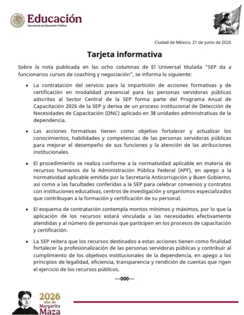 SEP justifica cursos de “coaching” y negociación revelados por EL UNIVERSAL (21/06/2026). Foto: Especial