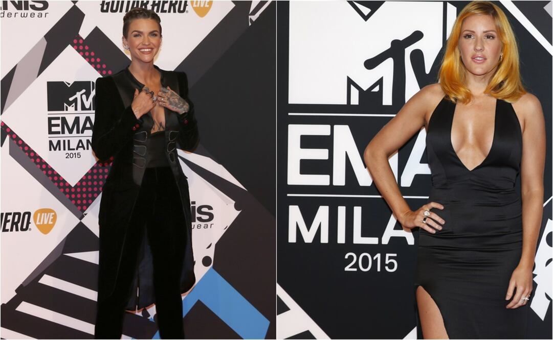 Ruby Rose y Ellie Goulding, de las primeras en llegar, optaron por el color negro  Foto:Reuters y AP