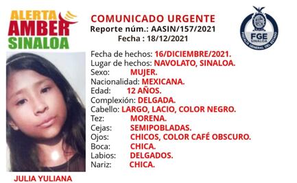 Emiten Alerta Amber por la desaparición de Julia Yuliana de 12 años de edad en Sinaloa